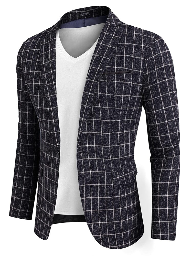 Slim Fit One Button Blazer Jacket (US Only) Blazer coofandy Navy Blue Plaid S 