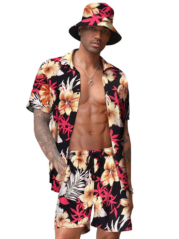 Hawaiian Beach Sets with Bucket Hat (US Only) Sets coofandy Black Orange S 