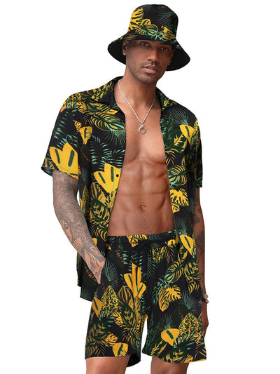 Hawaiian Beach Sets with Bucket Hat (US Only) Sets coofandy Black Yellow S 