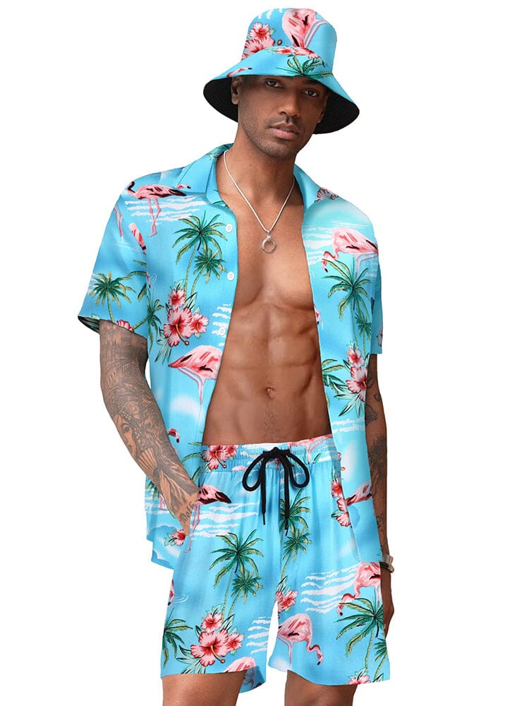 Hawaiian Beach Sets with Bucket Hat (US Only) Sets coofandy Sky Blue S 