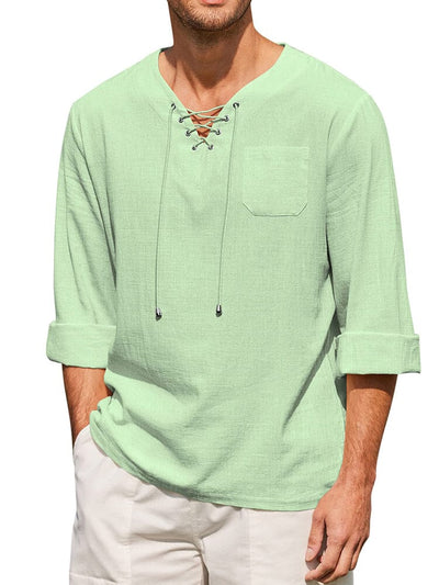 Breathable Solid Drawstring Cotton Linen Shirt (US Only) Shirts coofandy Light Green S 