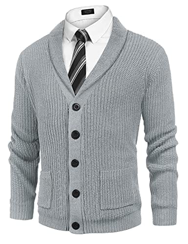 Lapel Button Up Cable Knit Cardigan with Pockets (US Only) Cardigans COOFANDY Store Light Grey S 